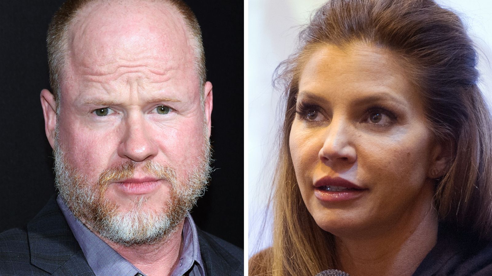 PHOTO: Joss Whedon attends an event in California in 2018 and Charisma Carpenter speaks in Birmingham, England, June 4, 2017.