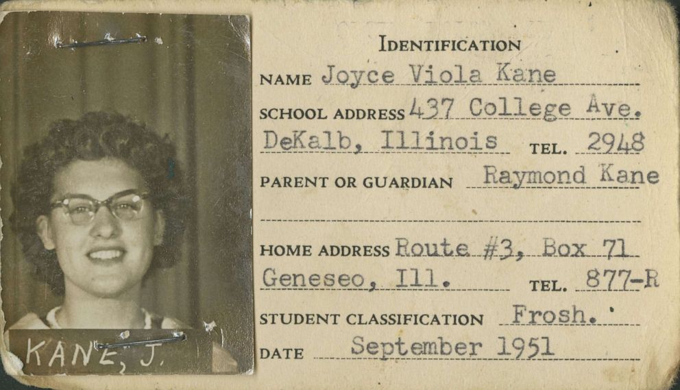 PHOTO: A photo shows Joyce Viola DeFauws former college identification card from the 1950s. At the time, she was Joyce Viola Kane.