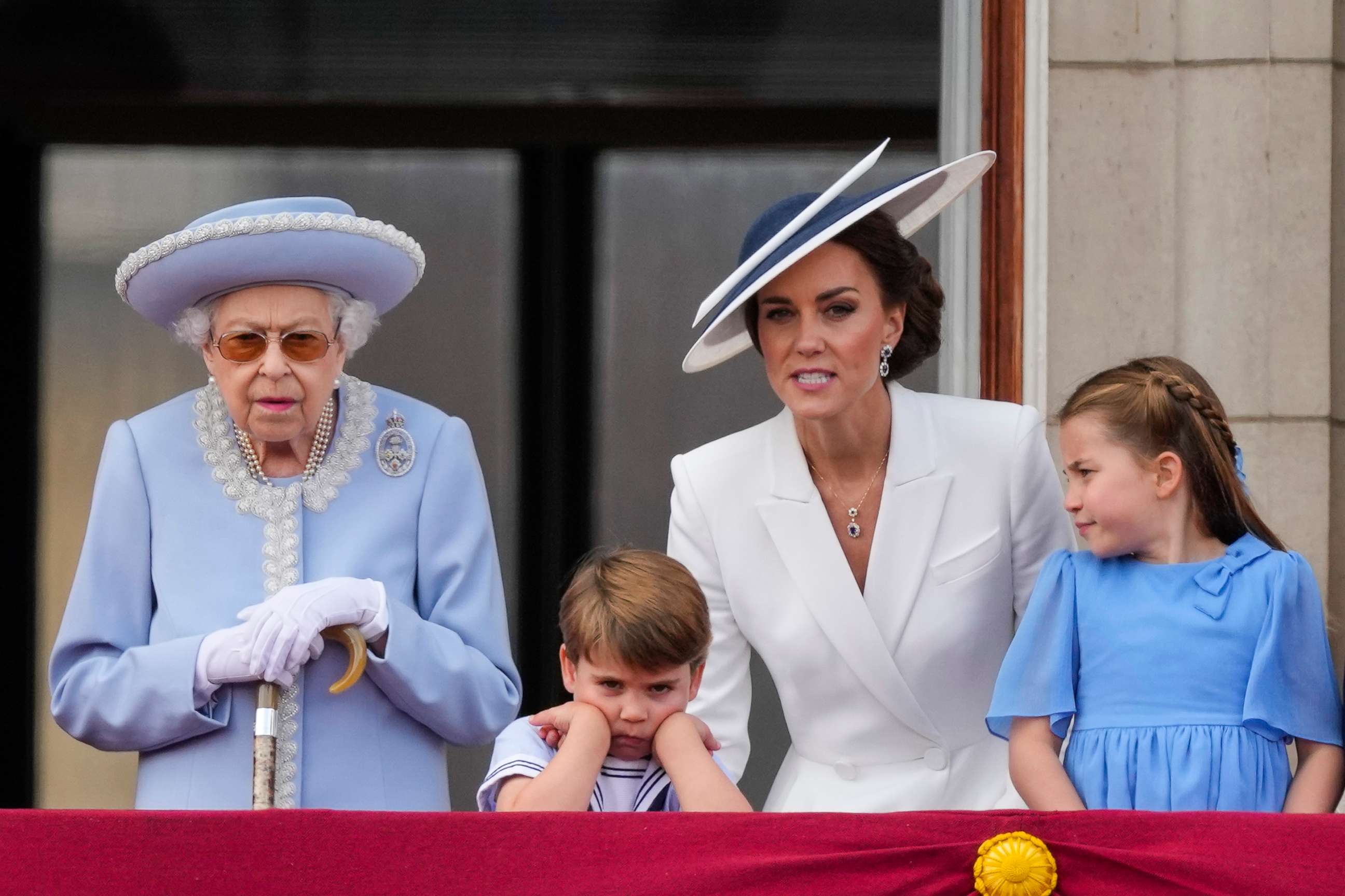 PHOTO: Queen Elizabeth II, Prince Louis, Kate, Duchess of Cambridge, and Princess Charlotte on the balcony of Buckingham Palace, London, June 2, 2022.