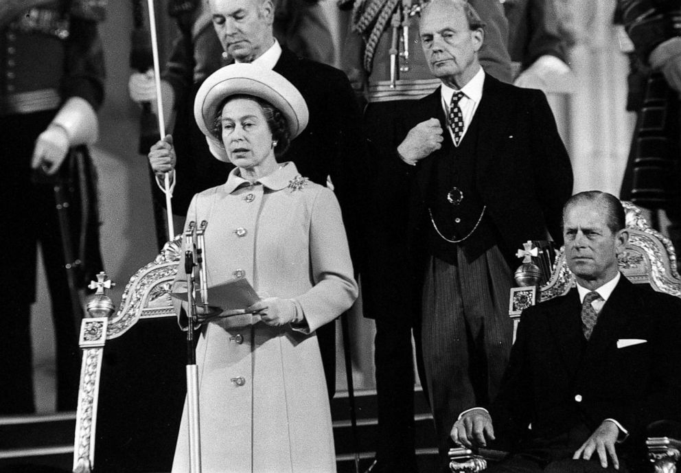 PHOTO: The Duke of Edinburgh seated alongside Queen Elizabeth II as she replies to loyal addresses from both Houses of parliament in Westminster Hall, London, on the occasion of her Silver Jubilee, May 4, 1977.