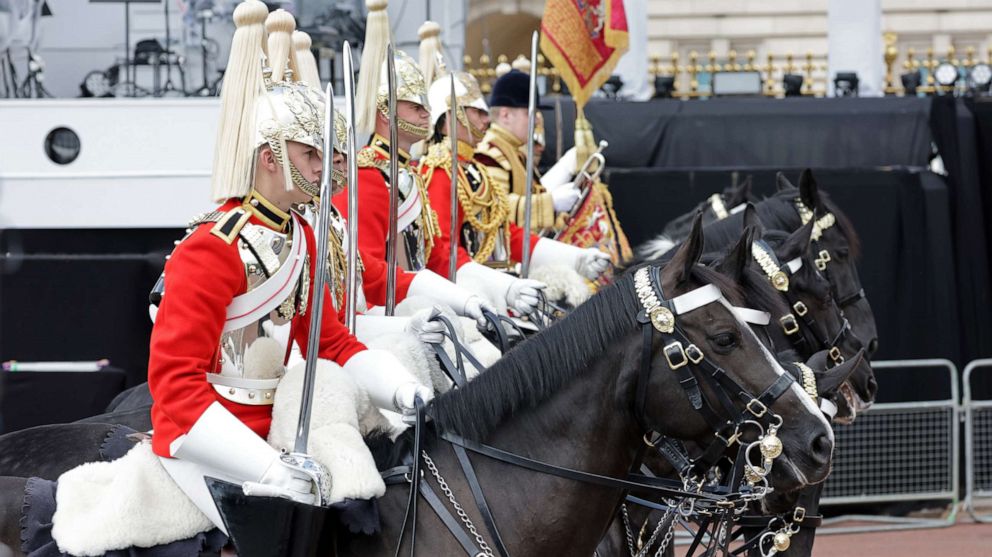 PHOTO: The Household Cavalry ride  during the Trooping the Color parade at Buckingham Palace, June 2, 2022, in London.