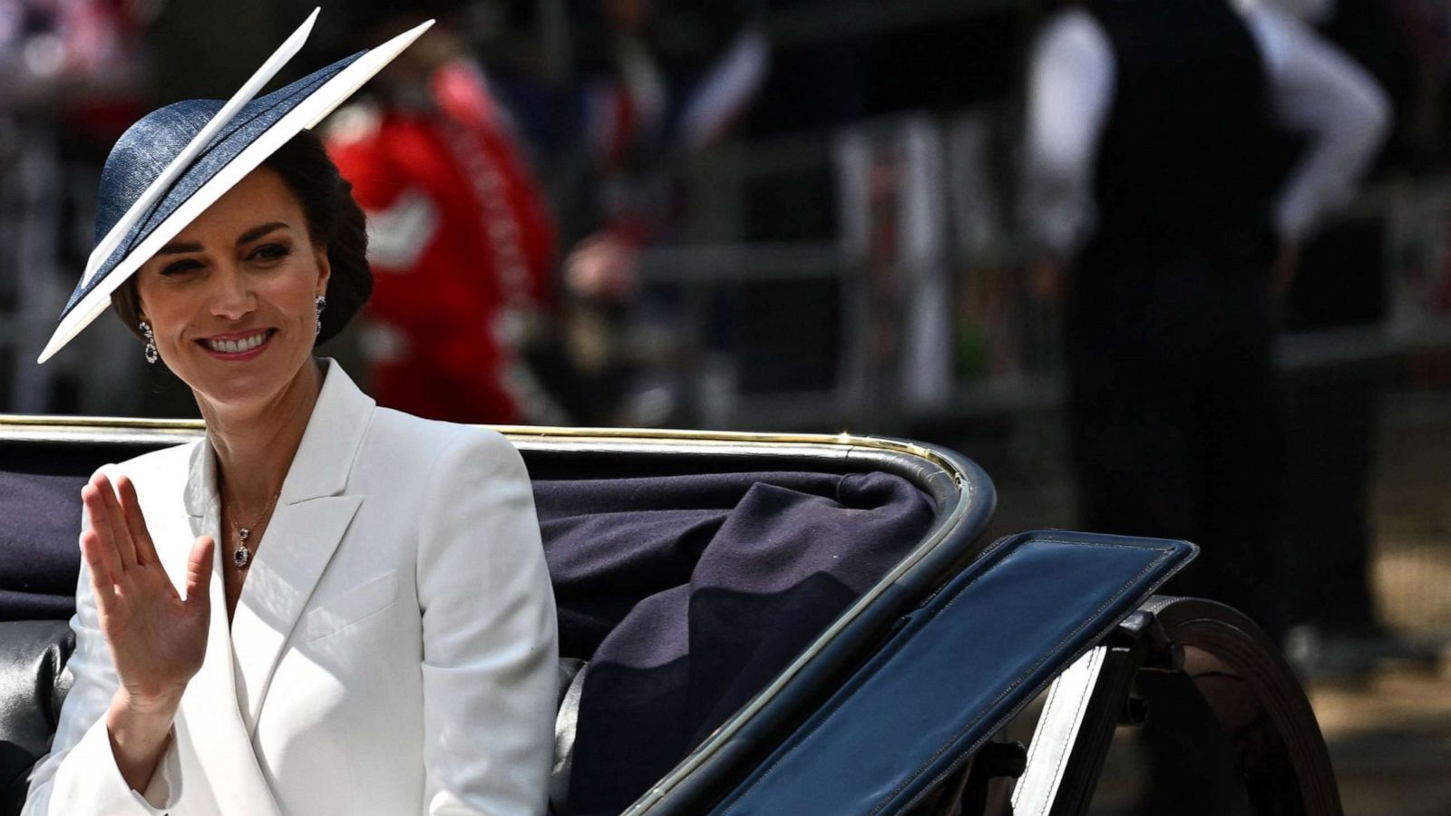 PHOTO: Britain's Catherine, Duchess of Cambridge, waves to the public as she arrives on a carriage to attend the Queen's Birthday Parade, the Trooping the Color, as part of Queen Elizabeth II's platinum jubilee celebrations, in London, June 2, 2022.