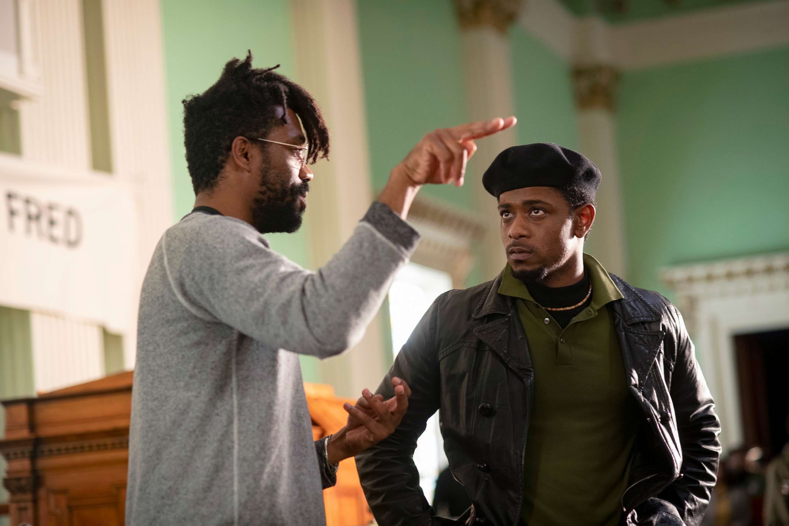 PHOTO: Director Shaka King works with actor Lakeith Stanfield on the set of "Judas and the Black Messiah." 