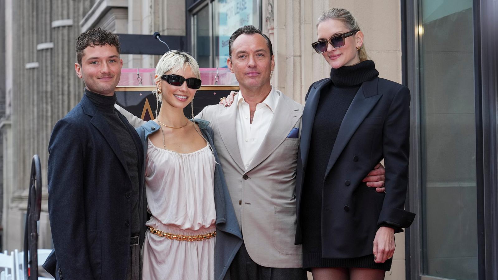 PHOTO: Raff Law, from left, Iris Law, Jude Law, and Phillipa Coan pose with Jude Law's new star at a ceremony on the Hollywood Walk of Fame, Dec. 12, 2024, in Los Angeles.