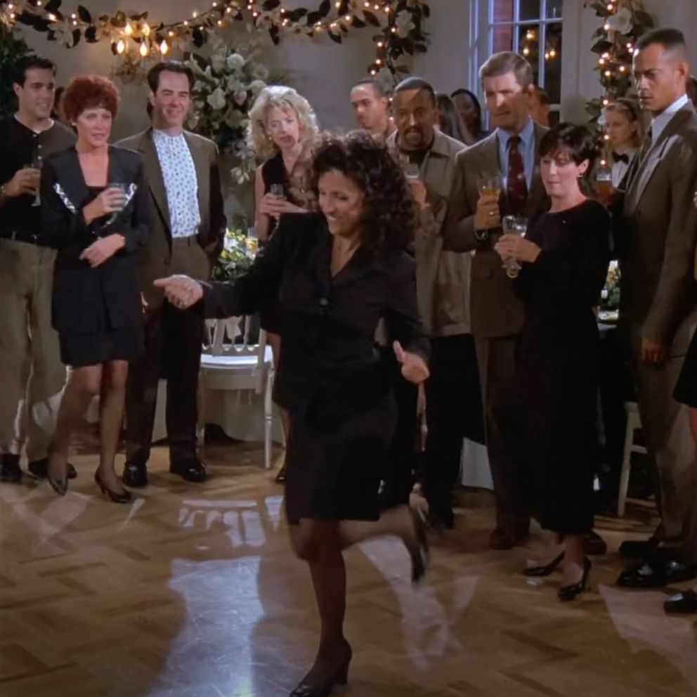 See Penn Badgley Recreate Julia Louis Dreyfus Elaine Dance From Seinfeld Good Morning America 