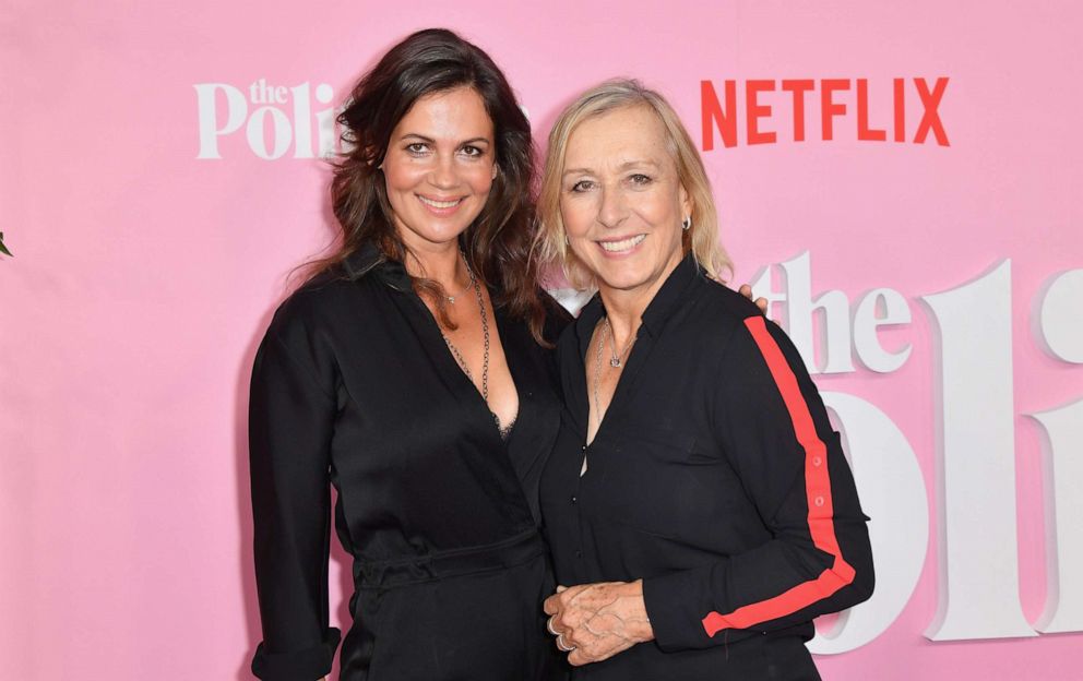 PHOTO: In this Sept. 26, 2019, file photo, businesswoman Julia Lemigova (L) and her wife, former professional tennis player Martina Navratilova, arrive for the Netflix premiere of "The Politician" in New York.