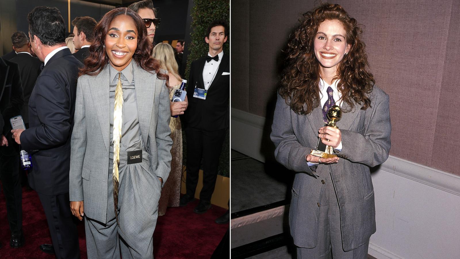 PHOTO: In this split image, Ayo Edebiri is seen at the 82nd Annual Golden Globe Awards in Beverly Hills, Calif. on Jan. 5, 2025, and Julia Roberts is seen at the 47th Annual Golden Globes on Jan. 20, 1990 in Beverly Hills, Calif.