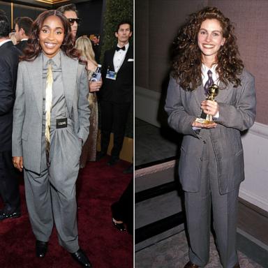 PHOTO: In this split image, Ayo Edebiri is seen at the 82nd Annual Golden Globe Awards in Beverly Hills, Calif. on Jan. 5, 2025, and Julia Roberts is seen at the 47th Annual Golden Globes on Jan. 20, 1990 in Beverly Hills, Calif.