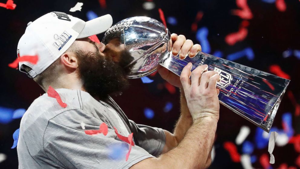 PHOTO: New England Patriots wide receiver and Super Bowl MVP Julian Edelman kisses the Vince Lombardi trophy after the Patriots defeated the Los Angeles Rams in Super Bowl LIII at Mercedes-Benz Stadium in Atlanta, Feb. 3, 2019.