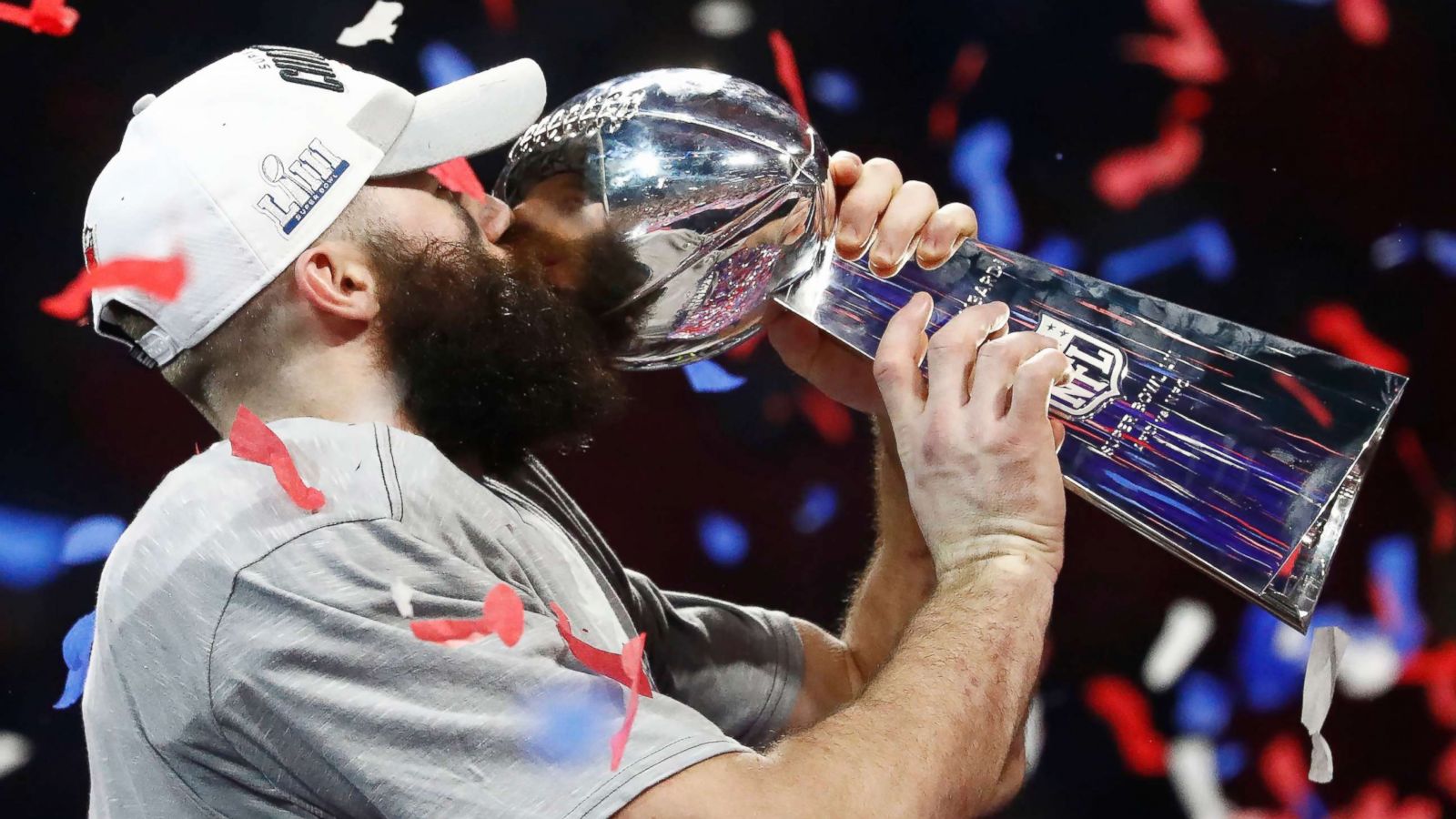 PHOTO: New England Patriots wide receiver and Super Bowl MVP Julian Edelman kisses the Vince Lombardi trophy after the Patriots defeated the Los Angeles Rams in Super Bowl LIII at Mercedes-Benz Stadium in Atlanta, Feb. 3, 2019.