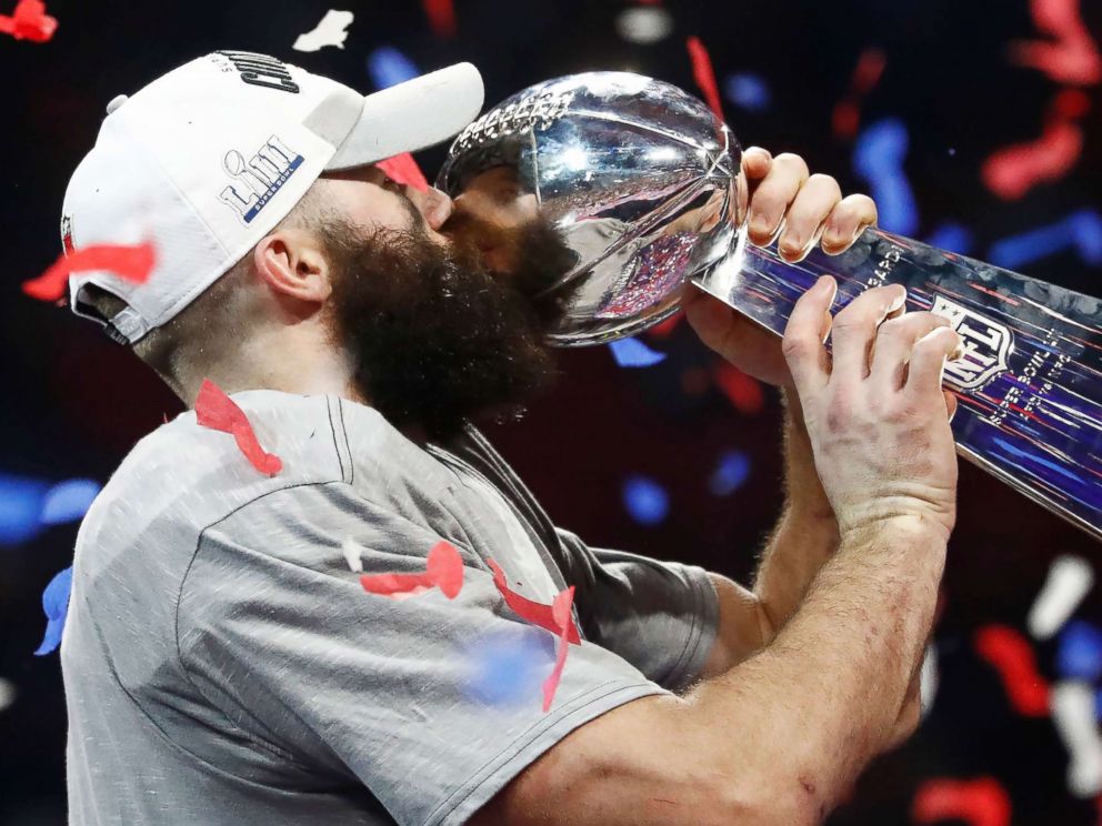 PHOTO: New England Patriots wide receiver and Super Bowl MVP Julian Edelman kisses the Vince Lombardi trophy after the Patriots defeated the Los Angeles Rams in Super Bowl LIII at Mercedes-Benz Stadium in Atlanta, Feb. 3, 2019.