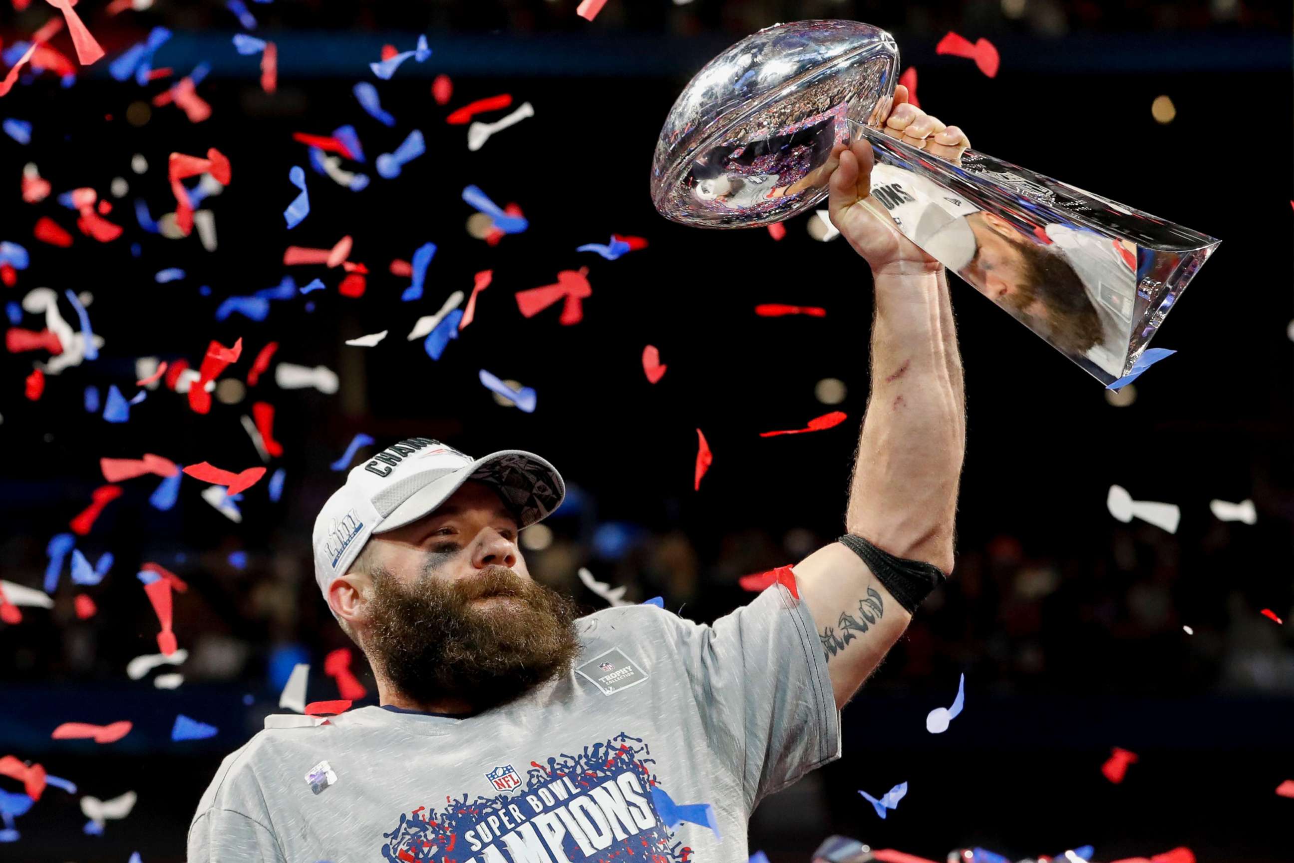 PHOTO: Super Bowl LIII MVP New England Patriots wide receiver Julian Edelman holds the Vince Lombardi Trophy after Super Bowl LIII between the New England Patriots and the Los Angeles Rams at Mercedes-Benz Stadium in Atlanta, Feb. 3, 2019.