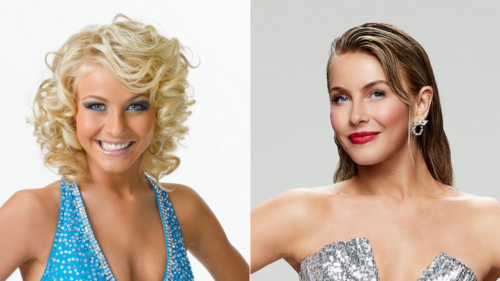 PHOTO: Julianne Hough is shown when she first started on Dancing With The Stars in 2007 (L) and in 2023.