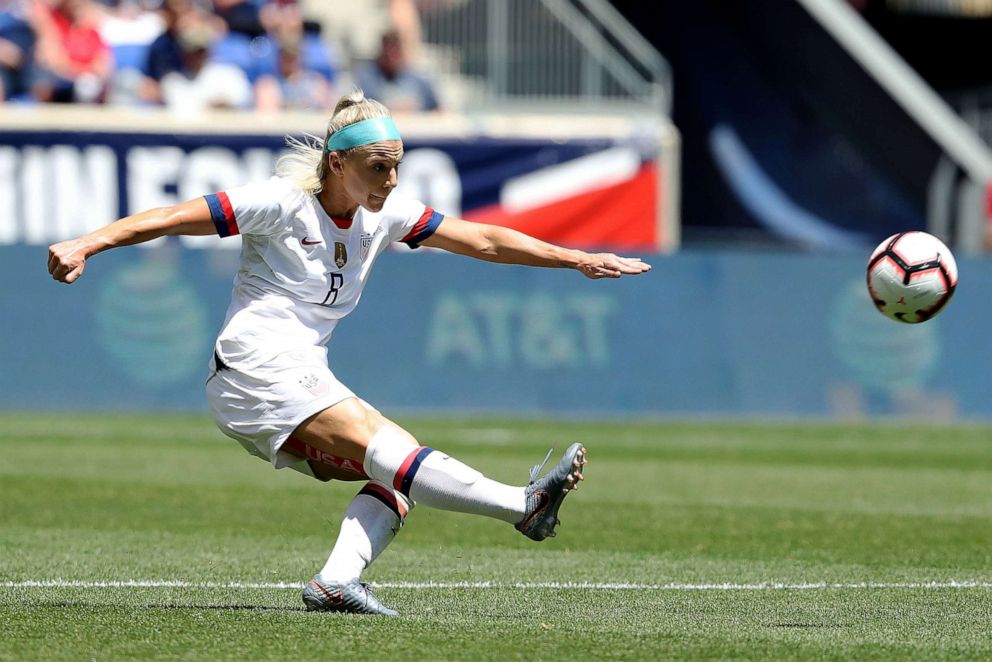 PHOTO: Julie Ertz of the U.S. passes the ball in the first half against Mexico at Red Bull Arena on May 26, 2019, in Harrison, N.J.