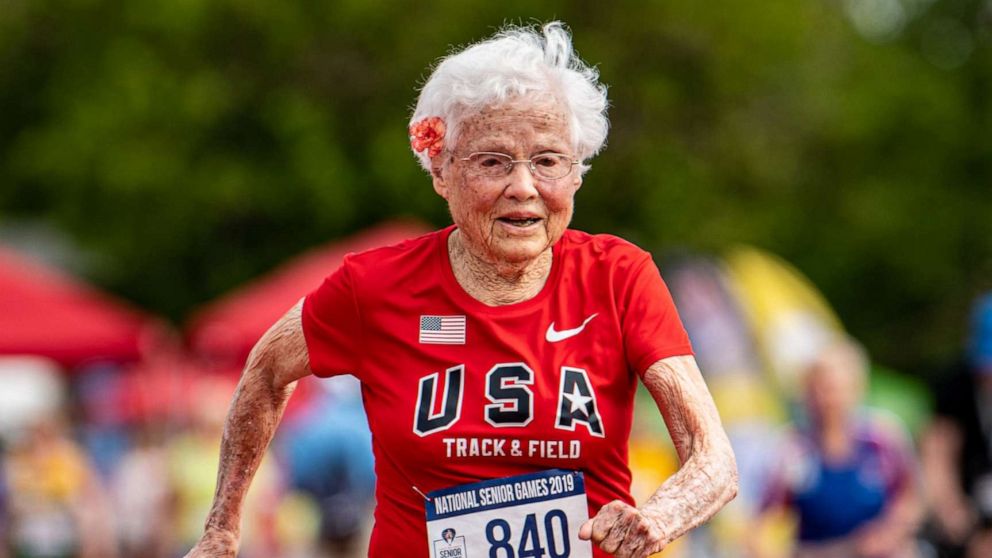 PHOTO: Julia Hawkins runs the 50-meter race at the 2019 National Senior Games in Albuquerque, New Mexico.