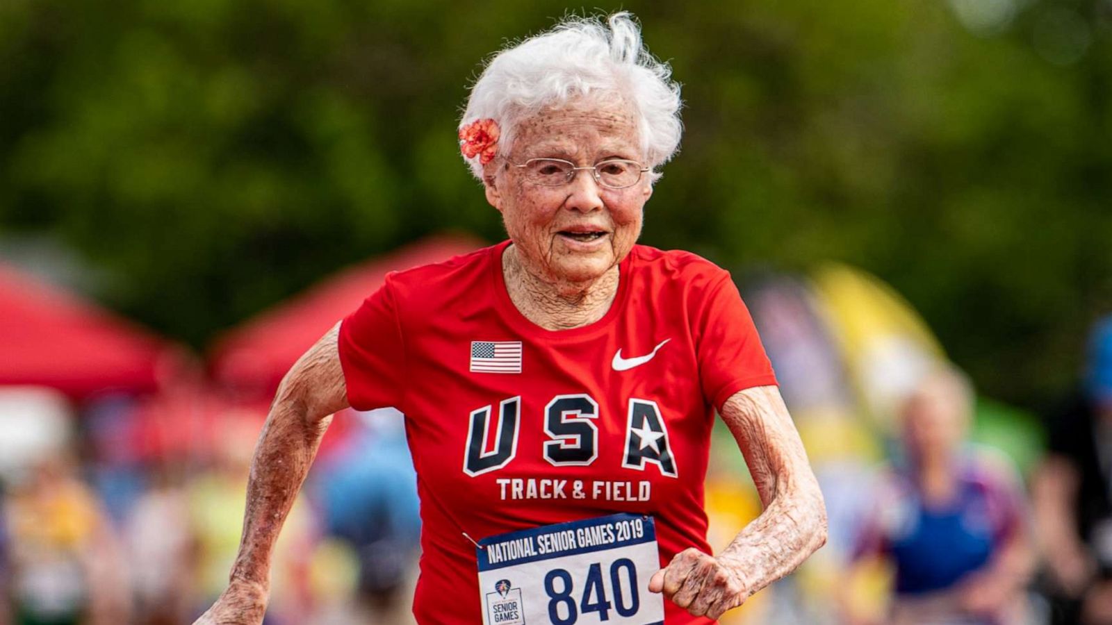 PHOTO: Julia Hawkins runs the 50-meter race at the 2019 National Senior Games in Albuquerque, New Mexico.