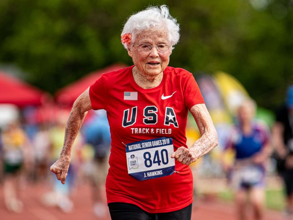 PHOTO: Julia Hawkins runs the 50-meter race at the 2019 National Senior Games in Albuquerque, New Mexico.