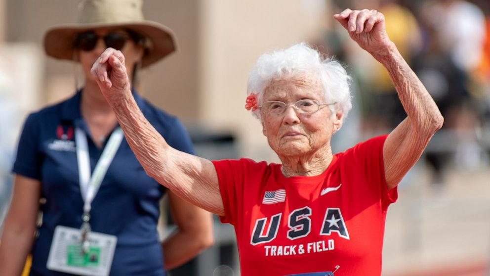 PHOTO: Julia Hawkins celebrates her win at the 50-meter race at the 2019 National Senior Games in Albuquerque, New Mexico.