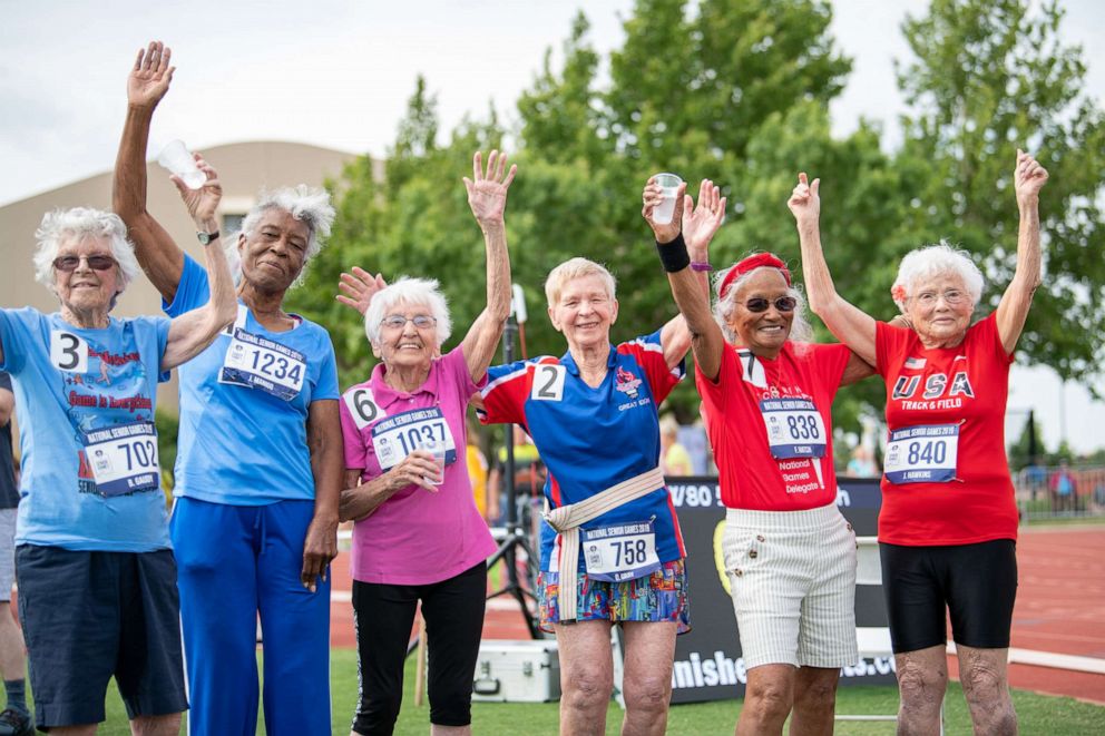 PHOTO: Julia Hawkins, far right, poses with other athletes at the 2019 Senior Games in Albuquerque, New Mexico.