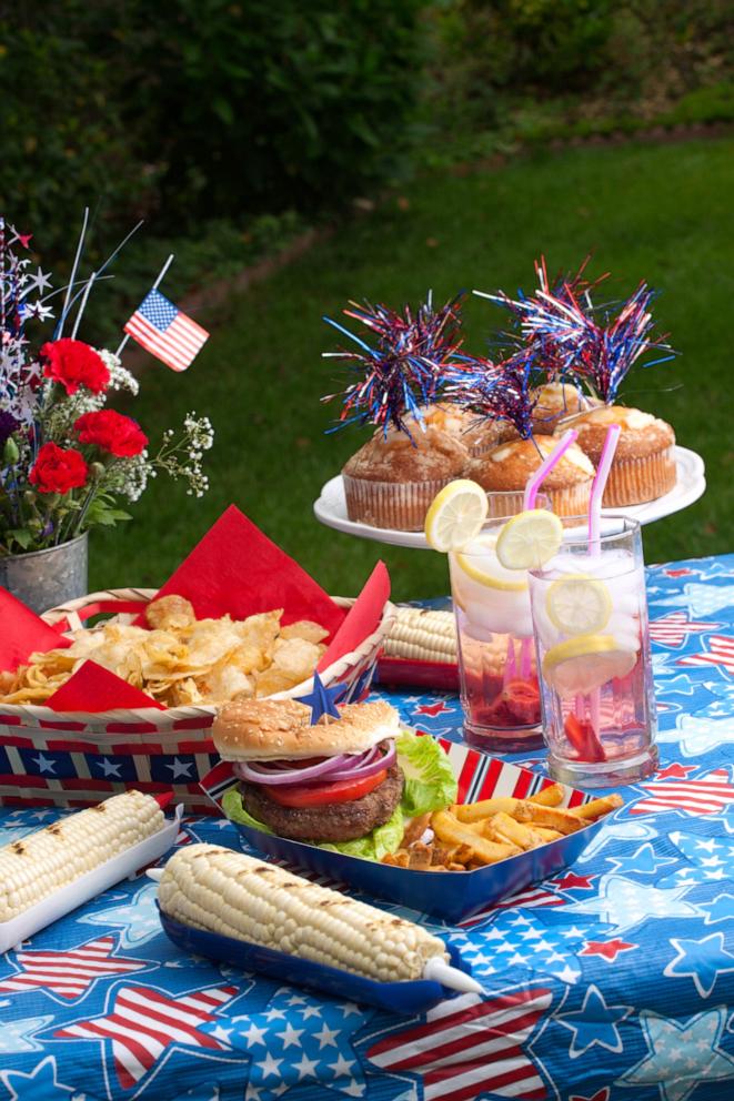 PHOTO: Cornbread, corn and burgers on 4th of July picnic in patriotic theme in this undated stock photo.