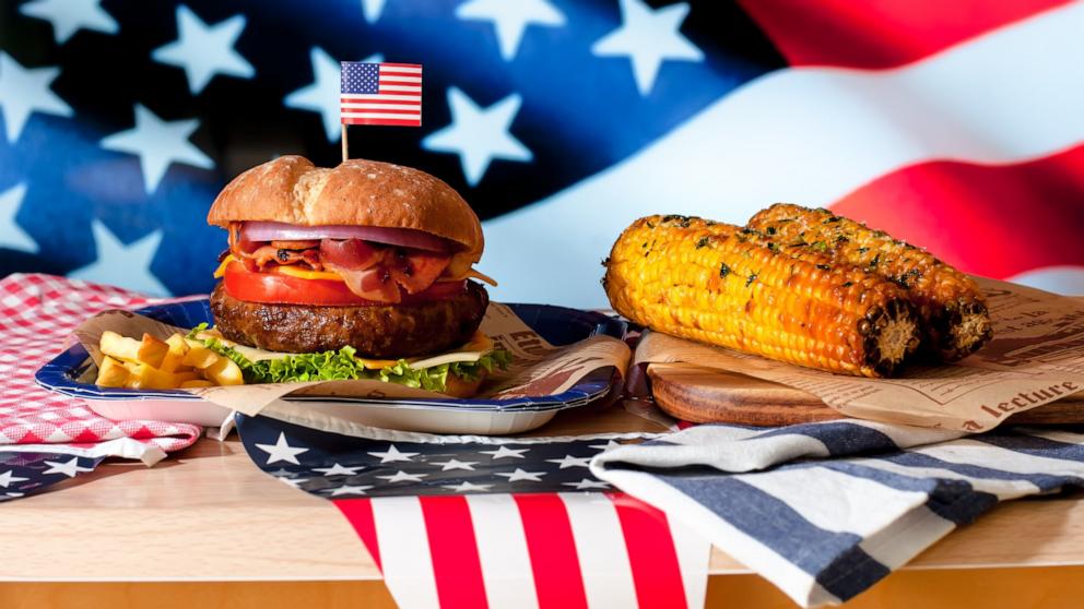 PHOTO: Patriotic traditional foods of the 4th of July including, hamburger and corn in this undated stock photo.