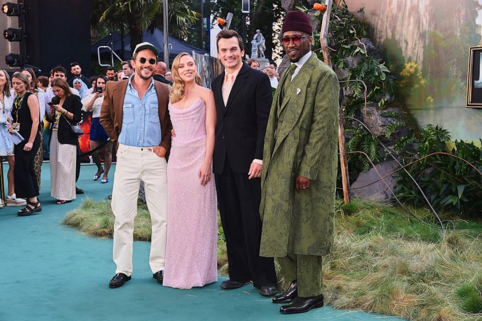 PHOTO: Jonathan Bailey, Scarlett Johansson, Rupert Friend and Mahershala Ali attend the World Premiere of "Jurassic World Rebirth" at Odeon Luxe Leicester Square on June 17, 2025 in London, England.