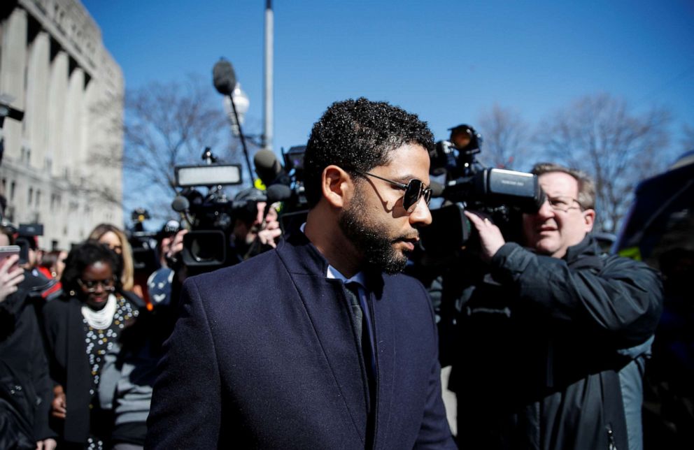 Jussie Smollett leaves court after charges against him were dropped by state prosecutors in Chicago, March 26, 2019.