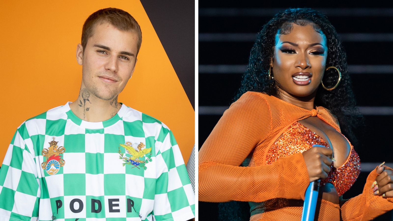 PHOTO: Justin Bieber is pictured in Los Angeles, July 12, 2021, and Megan Thee Stallion performs in Miami Gardens, Fla., July 25, 2021.