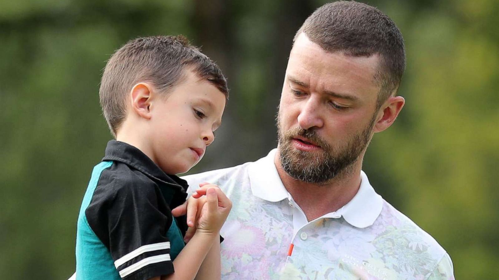 PHOTO: In this Aug. 27, 2019, file photo, Justin Timberlake holds his son Silas prior to the start of the Omega European Masters at at Crans Montana Golf Club in Crans-Montana, Switzerland.