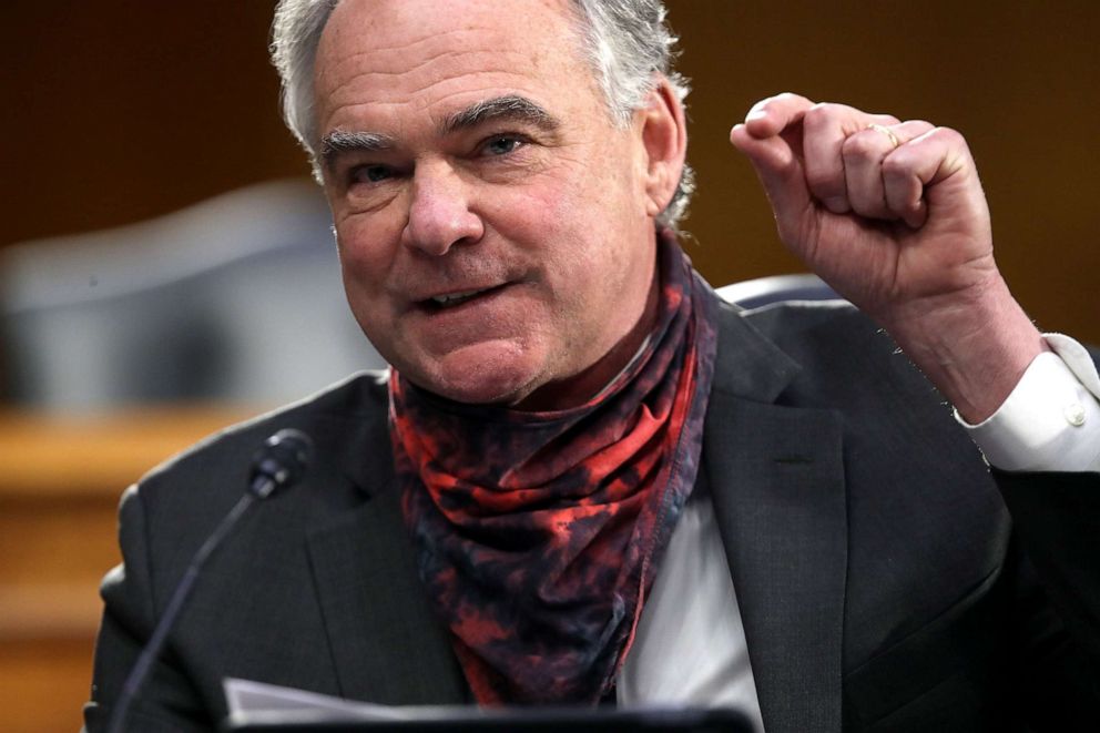 PHOTO: Sen. Tim Kaine asks questions during a Senate Health, Education, Labor and Pensions Committee hearing on Capitol Hill, May 12, 2020. 