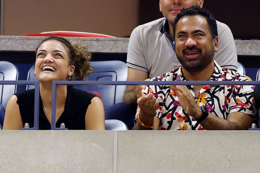 PHOTO: Gymnast Laurie Hernandez and actor Kal Penn watch the match between Caroline Wozniacki of Denmark and Petra Kvitova of Czech Republic at the U.S. Open, Aug. 30, 2023 in Flushing, New York.