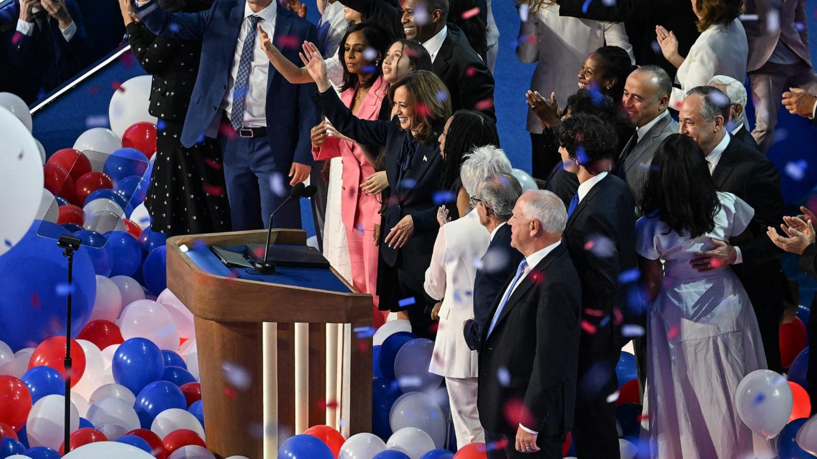 PHOTO: Balloons fall as Vice President and Democratic presidential candidate Kamala Harris waves onstage with family and friends at the end of the fourth and last day of the Democratic National Convention at the United Center, Aug. 22, 2024, in Chicago.