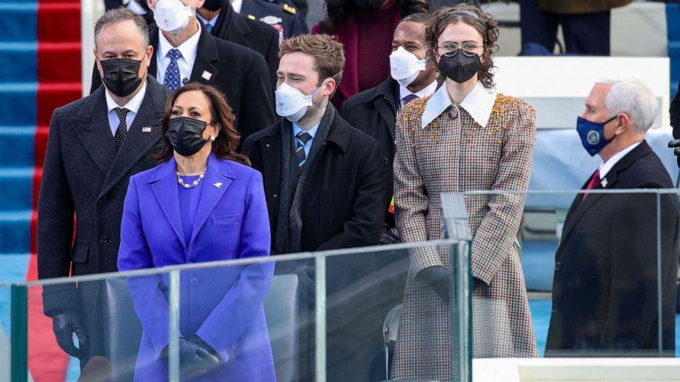 PHOTO: Doug Emhoff, Vice President-Elect Kamala Harris, Cole Emhoff, Ella Emhoff, and Vice President Mike Pence stand at the inauguration of President-elect Joe Biden on the West Front of the U.S. Capitol on Jan. 20, 2021, in Washington, D.C.