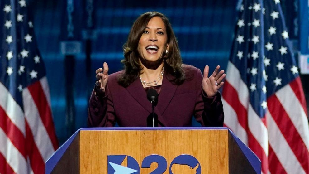 PHOTO: Democratic vice presidential candidate Sen. Kamala Harris speaks during the third day of the Democratic National Convention in Wilmington, Del, Aug. 19, 2020.