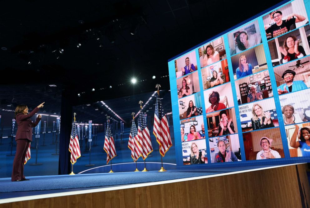 PHOTO:Democratic vice presidential nominee Sen. Kamala Harris interacts with viewers via a video conference on the third night of the Democratic National Convention in Wilmington, Del., Aug. 19, 2020