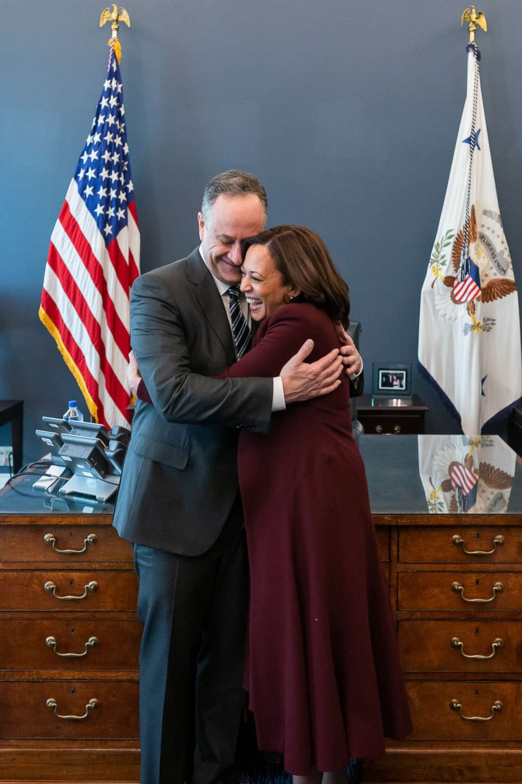 PHOTO: Vice President Kamala Harris embraces her husband Mr. Doug Emhoff on Jan. 21, 2021, during her first visit to her West Wing Office at the White House. 