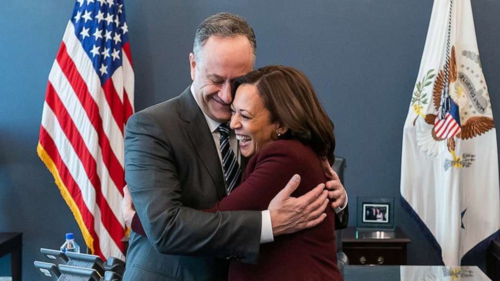 PHOTO: Vice President Kamala Harris embraces her husband Mr. Doug Emhoff on Jan. 21, 2021, during her first visit to her West Wing Office at the White House. 