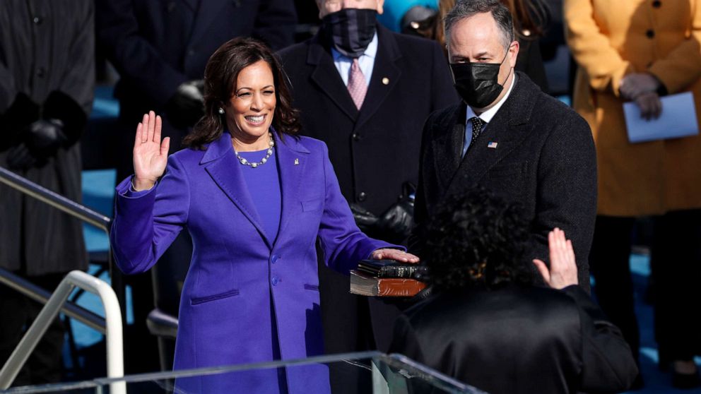 PHOTO: Sonia Sotomayor, associate justice of the U.S. Supreme Court, administers the oath of office to U.S. Vice President-elect Kamala Harris during the presidential inauguration in Washington, D.C., Jan. 20, 2021.
