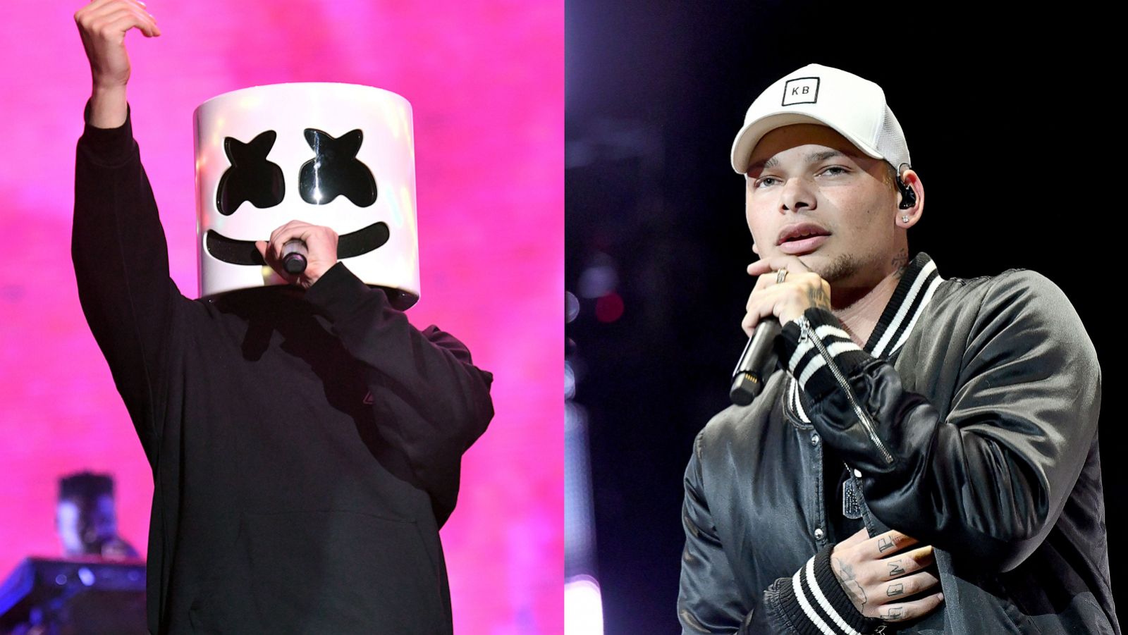 PHOTO: Singer Marshmello performs onstage as a special guest of Khalid during Weekend 1, Day 3 of the Coachella Valley Music and Arts Festival on April 14, 2019 in Indio, California. | Country singer Kane Brown performs onstage at Honda Center.