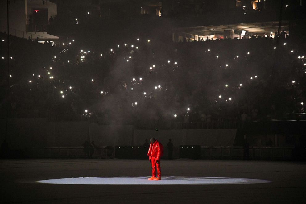 PHOTO: Kanye West at "DONDA by Kanye West" listening event at Mercedes-Benz Stadium, July 22, 2021, in Atlanta.