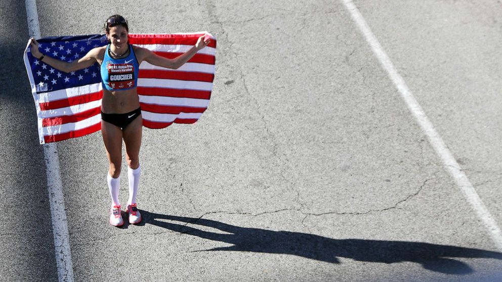 PHOTO: FILE - Kara Goucherm holds an American flag after the U.S. Marathon Olympic Trials, Jan. 14, 2012 in Houston.