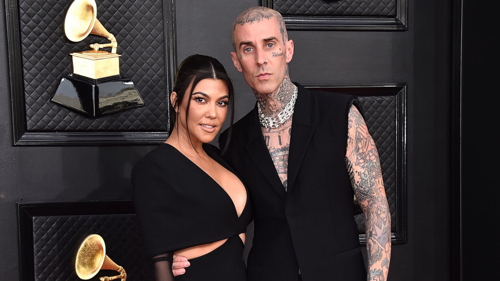 PHOTO: Kourtney Kardashian and Travis Barker appear at the 64th Grammy Awards in Las Vegas, April 3, 2022.