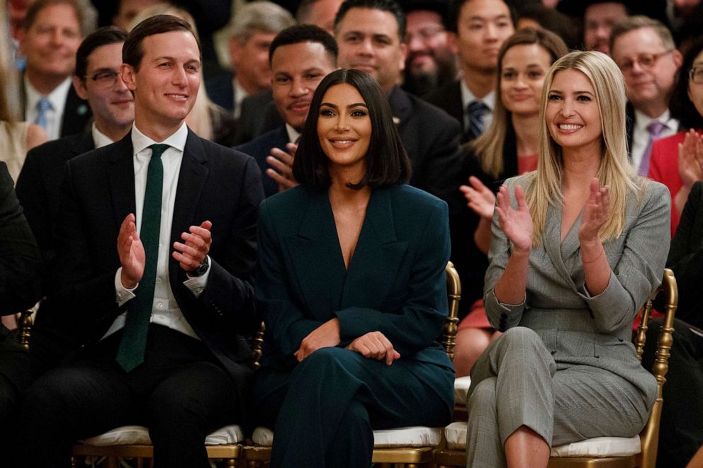 PHOTO: White House senior adviser Jared Kushner, left, and Ivanka Trump applaud as Kim Kardashian West is introduced during an event in the East Room of the White House, June 13, 2019, in Washington, D.C.