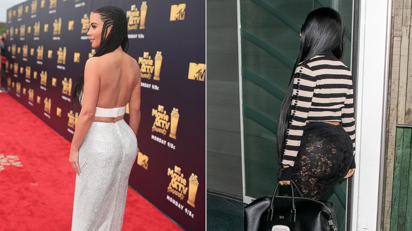 PHOTO: Kim Kardashian attends the 2018 MTV Movie And TV Awards at Barker Hangar, June 16, 2018, in Santa Monica, Calif. | Singer Nicki Minaj is seen at Charles-de-Gaulle airport, April 5, 2018, in Paris.