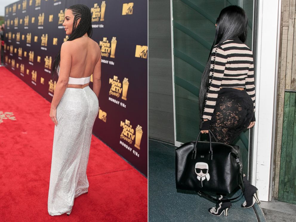 PHOTO: Kim Kardashian attends the 2018 MTV Movie And TV Awards at Barker Hangar, June 16, 2018, in Santa Monica, Calif. | Singer Nicki Minaj is seen at Charles-de-Gaulle airport, April 5, 2018, in Paris.