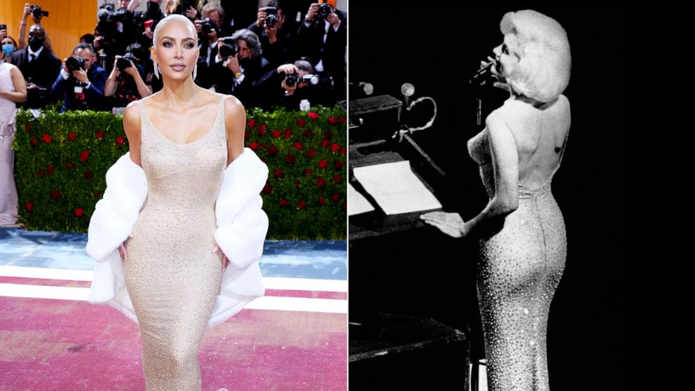PHOTO: Kim Kardashian, left, in Marilyn Monroe's dress, at the Met Gala, May 2, 2022, in New York City. Marilyn Monroe wearing the dress to sing "Happy Birthday" to President John F. Kennedy at Madison Square Garden in New York, May 20, 1962.