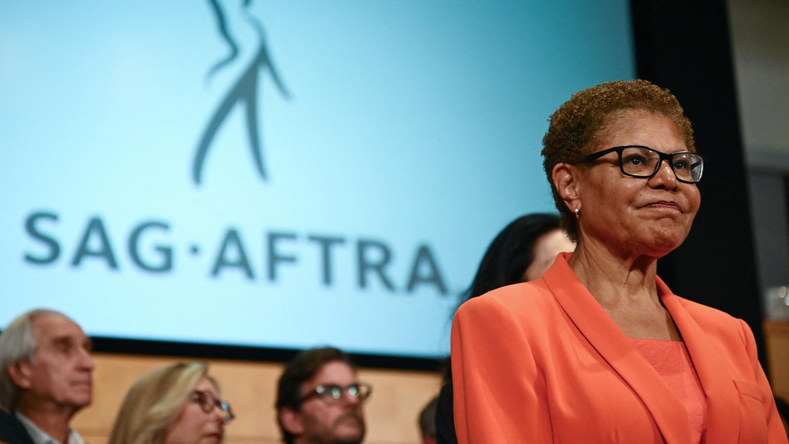 PHOTO: Los Angeles Mayor Karen Bass looks on as she holds a news conference before signing an executive directive announcing support for filming and production jobs, at the SAG-AFTRA Union headquarters in Los Angeles, on May 20, 2025.