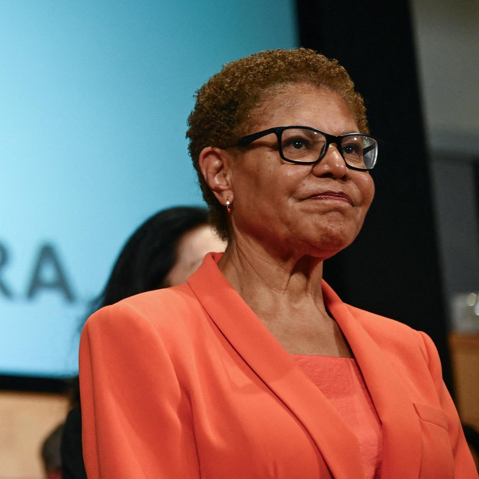 PHOTO: Los Angeles Mayor Karen Bass looks on as she holds a news conference before signing an executive directive announcing support for filming and production jobs, at the SAG-AFTRA Union headquarters in Los Angeles, on May 20, 2025.