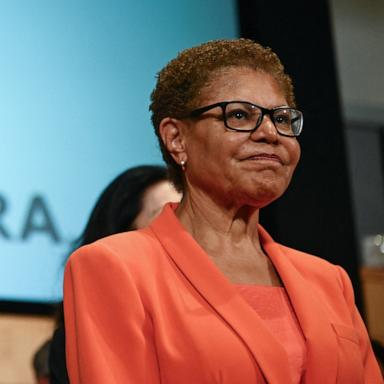 PHOTO: Los Angeles Mayor Karen Bass looks on as she holds a news conference before signing an executive directive announcing support for filming and production jobs, at the SAG-AFTRA Union headquarters in Los Angeles, on May 20, 2025. 