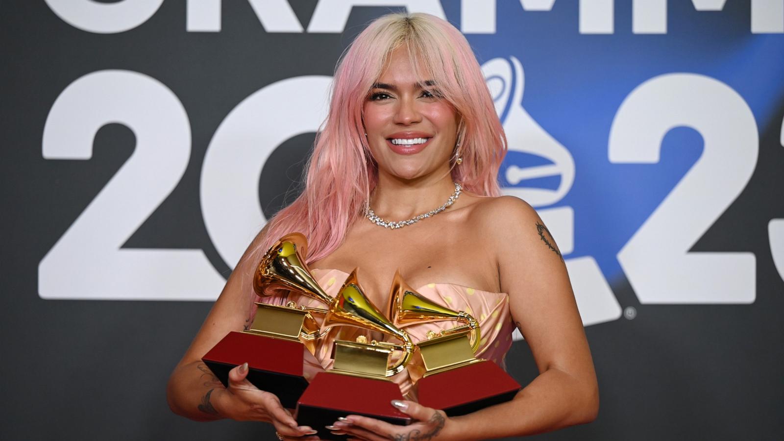 PHOTO: Karol G poses with awards during The 24th Annual Latin Grammy Awards, Nov. 16, 2023, in Seville, Spain.
